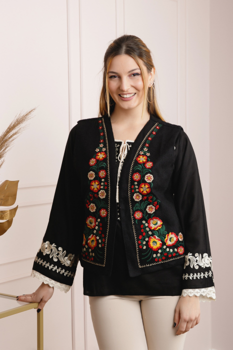 Vesta traditionala neagra cu broderie florala multicolora Nadia