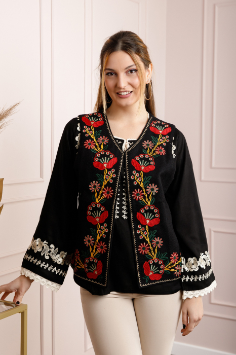 Vesta traditionala neagra cu broderie florala rosie Zoe