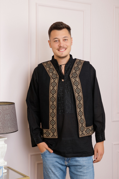 Vesta traditionala neagra cu broderie geometrica crem Ilie [3]