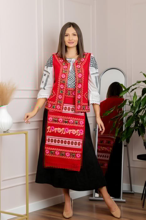 Vesta traditionala rosie cu broderie florala roz Lacramioara [4]