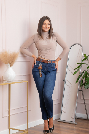 Blugi dama conici, talie inalta, albastru clasic cu curea — Kylie [3]