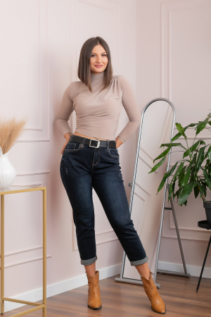 Blugi dama - Blugi dama conici, talie inalta, albastru inchis, efect prespalat — Holly