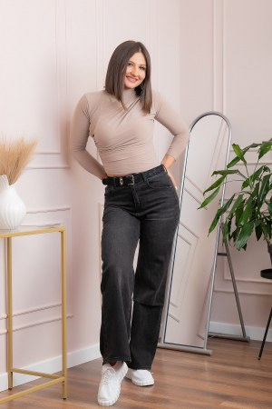 Blugi dama wide leg, talie inalta, negru washed — Britney [2]