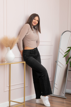Blugi dama wide leg, talie inalta, negru washed cu buzunar cu strasuri — Britney [3]