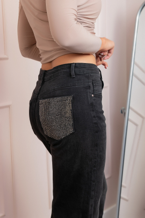 Blugi dama wide leg, talie inalta, negru washed cu buzunar cu strasuri — Britney [1]
