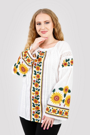 Bluze cu motive traditionale - Bluza alba cu motiv floral galben Albina