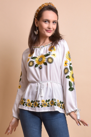 Bluze cu motive traditionale - Bluza alba cu motiv floral galben Catrinel 04