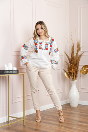 Bluza alba cu motiv floral rosu Adina 01 - maneca lunga [3]
