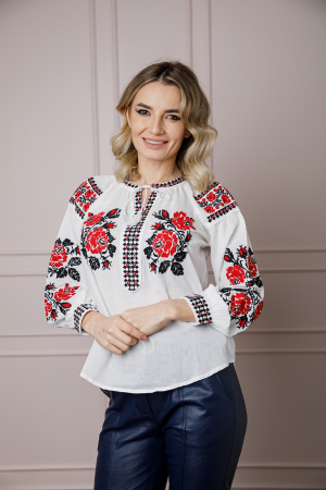 Bluze cu motive traditionale - Bluza alba cu motiv floral rosu Angelina 01