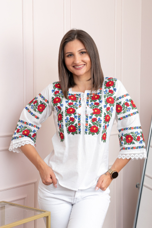 Bluze cu motive traditionale - Bluza alba cu motiv floral rosu Fabiana 02