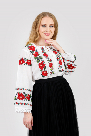 Bluze cu motive traditionale - Bluza alba cu motiv floral rosu Georgiana