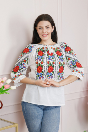 Bluze cu motive traditionale - Bluza alba cu motiv floral rosu Valentina 01 - maneca scurta