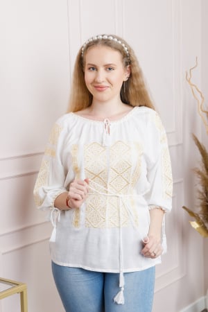 Bluze cu motive traditionale - Bluza alba cu motiv geometric auriu Ines 03
