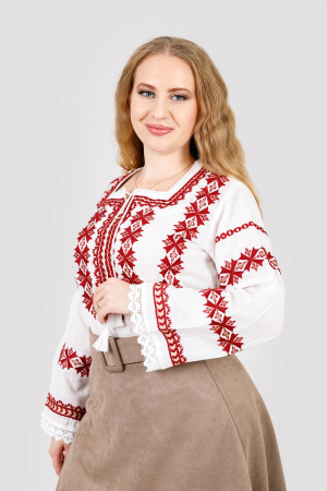 Bluze cu motive traditionale - Bluza alba cu motiv geometric rosu Despina