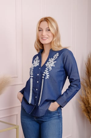 Bluze cu motive traditionale - Bluza albastra cu motiv floral alb Violeta