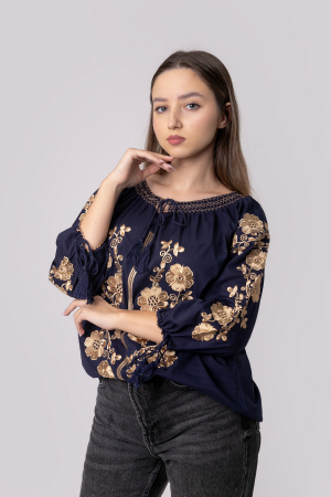 Bluze cu motive traditionale - Bluza albastra cu motiv floral auriu Hortensia