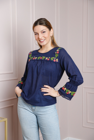 Bluze cu motive traditionale - Bluza albastra cu motiv floral multicolor Svetlana 04