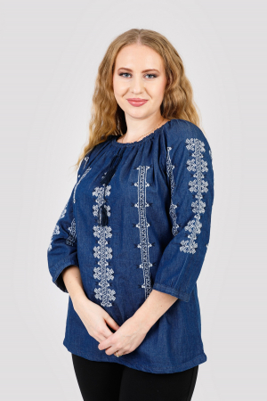 Bluze cu motive traditionale - Bluza albastra cu motiv geometric alb Astrid