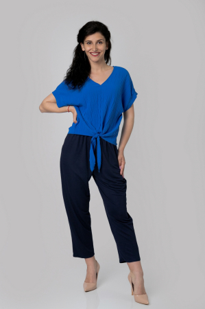 Bluza albastru regal casual cu aspect texturat si nod in talie [2]