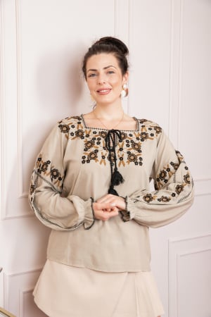 Bluza bej cu motiv floral maro Zina [2]