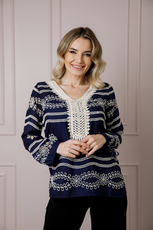Bluza bleumarin cu motiv floral crem Alessia 01 [0]
