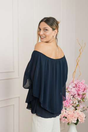 Bluza bleumarin din voal cu maiou plisat [2]