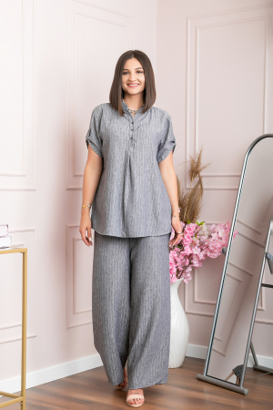 Pantaloni palazzo Athena cu talie elastica si insertii argintii - Gri [4]