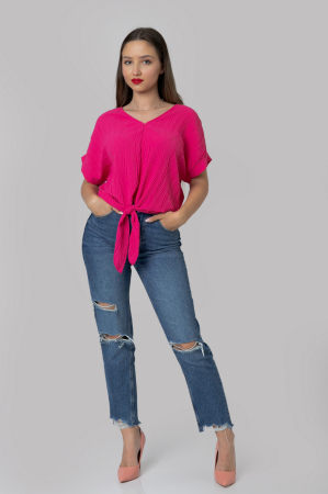 Bluza ciclam casual cu aspect texturat si nod in talie [3]