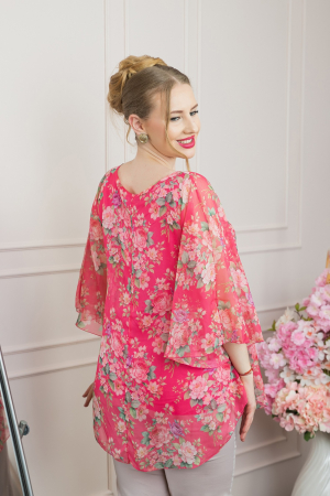 Bluza ciclam din voal cu imprimeu floral si maneci fluture [2]