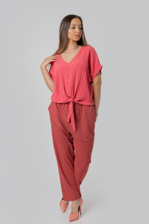 Bluza corai casual cu aspect texturat si nod in talie [3]