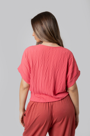 Bluza corai casual cu aspect texturat si nod in talie [2]