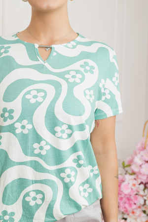 Bluza cu imprimeu floral verde pastel si detaliu metalic [1]