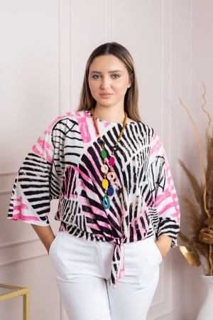 Bluze - Bluza cu imprimeu safari print roz si colier decorativ