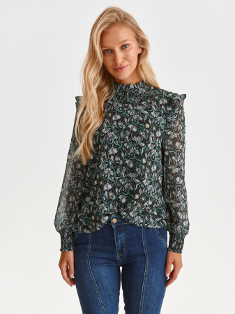 Bluze - Bluza cu maneci bufante si imprimeu floral verde