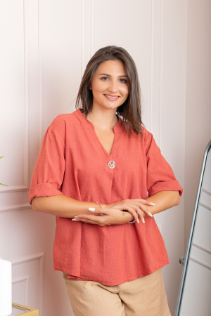 Bluza dama din bumbac Hope cu guler tunica - Caramiziu [2]