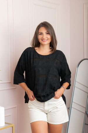 Bluze - Bluza dama din bumbac Louise cu perforatii si buzunar - Negru