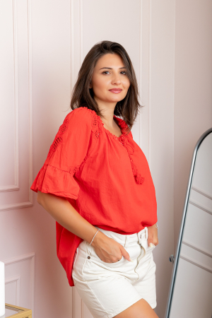 Bluza dama din bumbac Myra cu perforatii florale - Rosu [2]