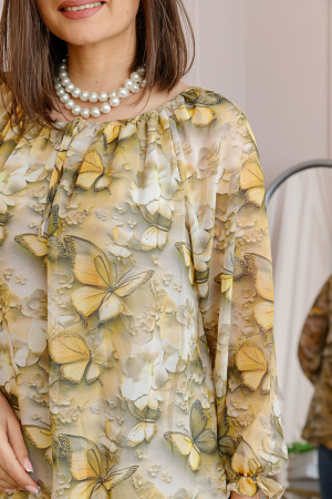 Bluza dama din voal bej cu fluturi galbeni Georgia [1]