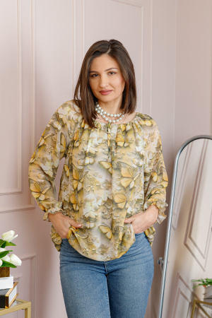 Bluze - Bluza dama din voal bej cu fluturi galbeni Georgia