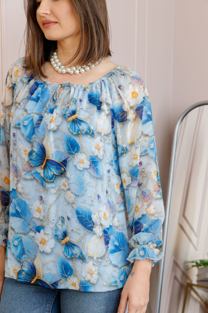 Bluza dama din voal bleu cu fluturi albastru regal Georgia [1]