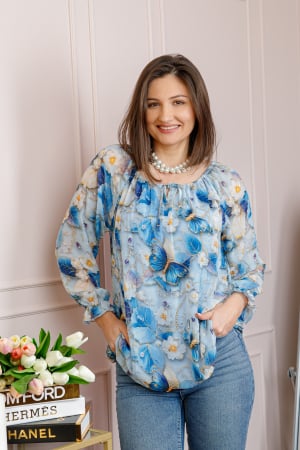 Bluze - Bluza dama din voal bleu cu fluturi albastru regal Georgia