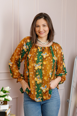 Bluze - Bluza dama din voal caramiziu cu fluturi galbeni Georgia