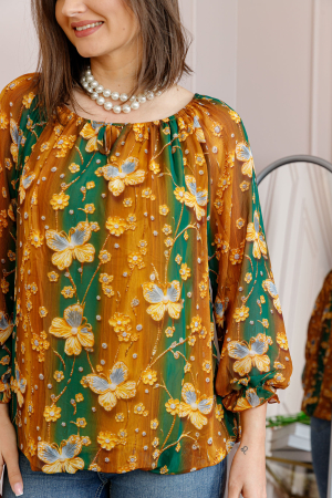 Bluza dama din voal caramiziu cu fluturi galbeni Georgia [1]