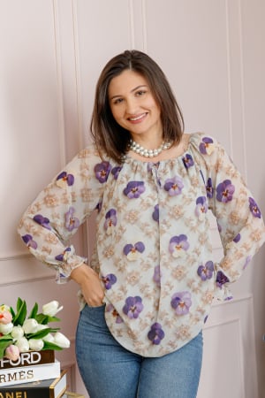 Bluze - Bluza dama din voal ivoire cu flori mov Georgia