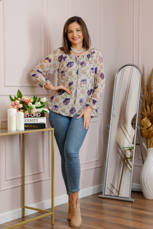 Bluza dama din voal ivoire cu flori mov Georgia [3]