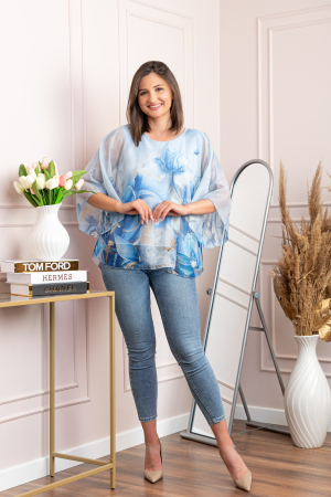 Bluza dama eleganta Shirley albastra din voal cu imprimeu floral [3]