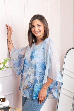 Bluza dama eleganta Shirley albastra din voal cu imprimeu floral [2]