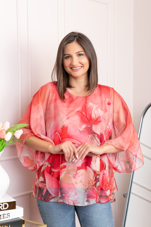 Bluze - Bluza dama eleganta Shirley corai din voal cu imprimeu floral