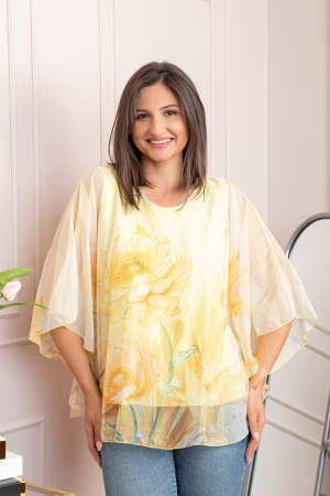 Bluze - Bluza dama eleganta Shirley galben pastel din voal cu imprimeu floral
