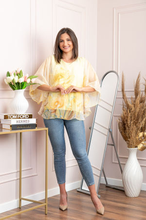 Bluza dama eleganta Shirley galben pastel din voal cu imprimeu floral [3]